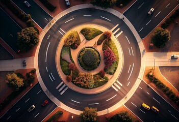 Top down aerial drone view of a small traffic roundabout on a quiet road. Generative AI