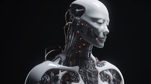 Robot artificial intelligence. The image of a robat woman with wires and microcircuits. Generative AI