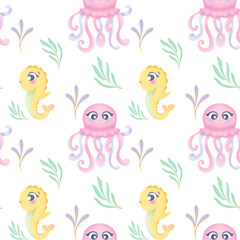Seamless pattern with Underwater animal watercolor clipart. cute cartoon seahorse, octopus and algae. Print for children's things, wrapping paper for gifts to kids