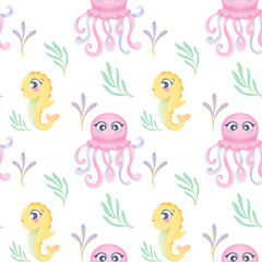 Seamless pattern with Underwater animal watercolor clipart. cute cartoon seahorse, octopus and algae. Print for children's things, wrapping paper for gifts to kids