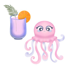 The happy octopus is smiling. Summer illustration on a transparent background. Beach party with non-alcoholic cocktails