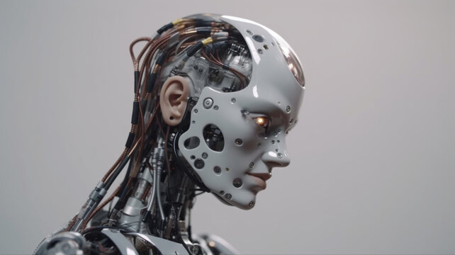 Robot artificial intelligence. The image of a robat woman with wires and microcircuits. Generative AI