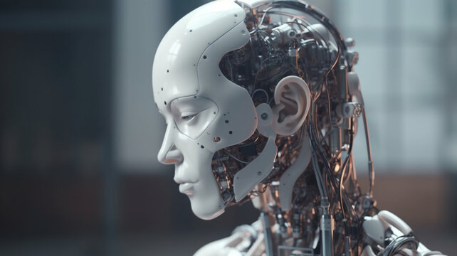 Robot artificial intelligence. The image of a robat woman with wires and microcircuits. Generative AI