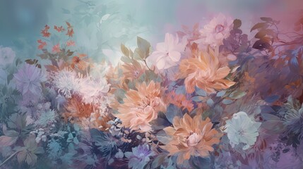 Fototapeta na wymiar abstract flora background, beautiful spring pastel flowers garden in pastel tone color, pink, blue, orange, vintage dreamy tone color, Generative Ai