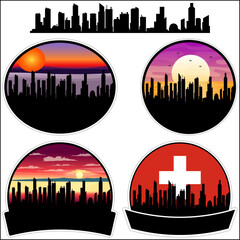 Gossau Skyline Silhouette Switzerland Flag Travel Souvenir Sticker Sunset Background Vector Illustration SVG EPS AI
