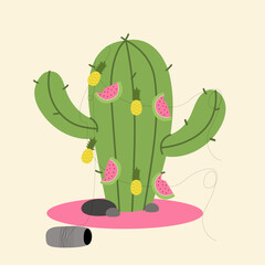 Illustration Cactus decoration Watermelon and Pineapple 