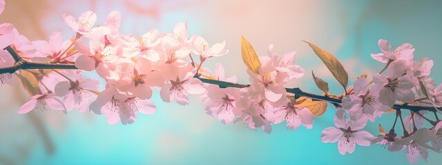 the pink cherry blossoms are in bloom, in the style of soft and dreamy pastels, light amber and cyan, digitally manipulated