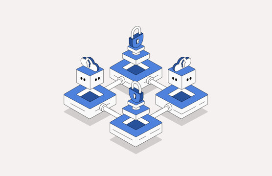 High-Tech Illustrations Set. Great to use on cloud services, blockchain, digital marketing, and modern technology based systems