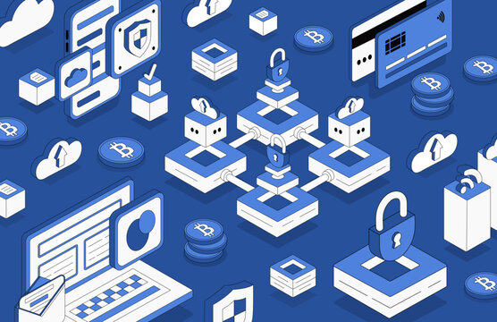 High-Tech Illustrations Set. Great to use on cloud services, blockchain, digital marketing, and modern technology based systems