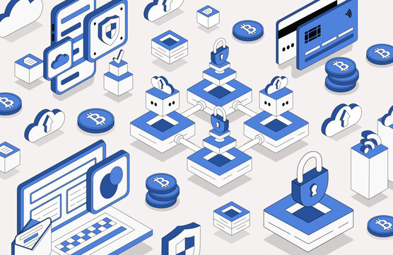 High-Tech Illustrations Set. Great to use on cloud services, blockchain, digital marketing, and modern technology based systems
