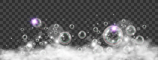 Air bubbles on a transparent background. Soap foam vector illustration.	