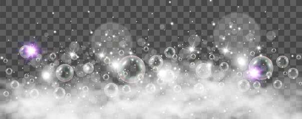 Air bubbles on a transparent background. Soap foam vector illustration.	