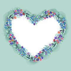 A green wreath of flowers in the form of a heart on a green background. The heart is made of watercolor botanical elements. Flower buds in the form of a heart, hand drawing
