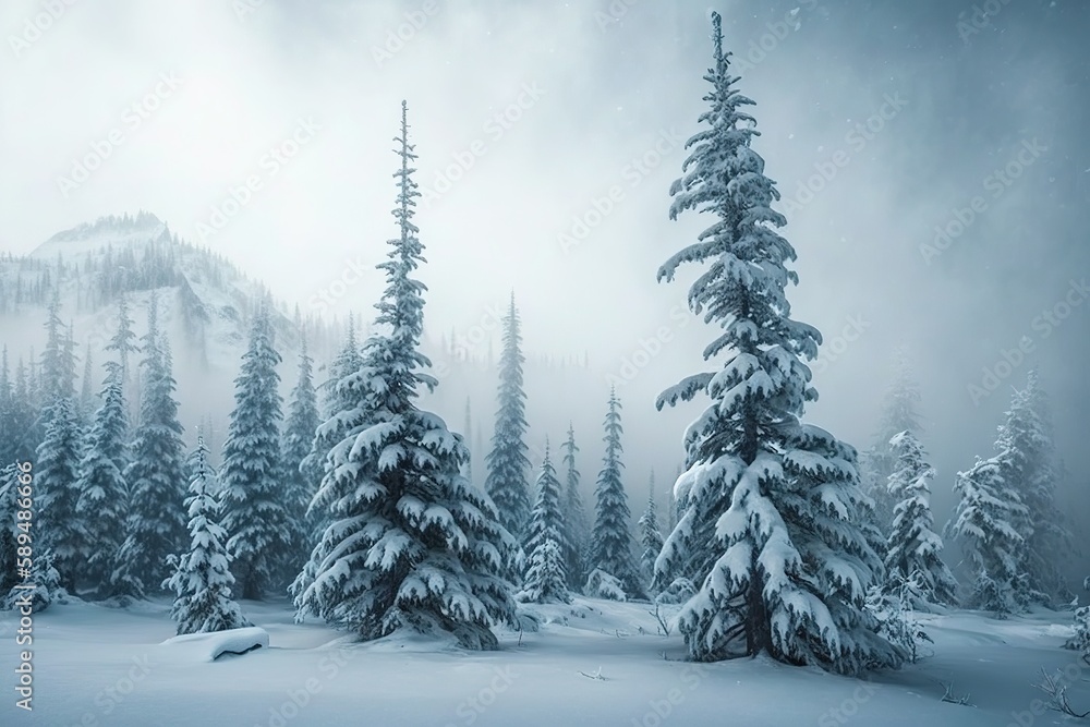 Poster brutal winter scenery snow-covered fir trees contrast with the hazy mountains on a chilly winter day