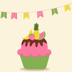 Summer Cupcake with Fruits and Chocolate Cream	