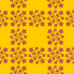 Seamless repeatable pattern. Leaves and flowers. Modern geometric Folk style. Colorful graphic design. 