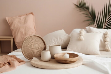 Fototapeta na wymiar palm table home tray rattan design furniture modern bed interior lounge. Generative AI.