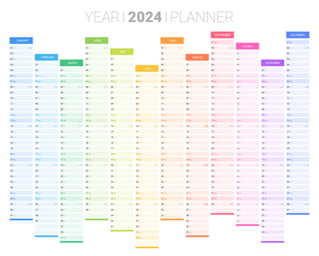 2024 wall business planner, calendar, organizer template, 12 months set. Corporate annual printable schedule journal. Wall planner with space for personal notes vector illustration