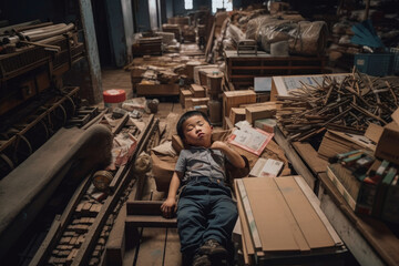 Fototapeta na wymiar Exhausted little asian boy in cap and work clothes sleeping while working on factory at night against blurred background with copy space.