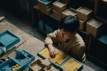 Top view of tired little asian boy working on industrial factory during the night with copy space left generative ai. Concept of child labor, child exploitation.