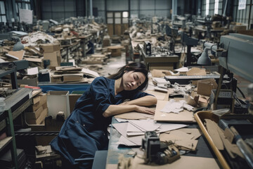 Exhausted Asian female master in casual clothes sleeping on wooden table with papers during break from work process at workplace - obrazy, fototapety, plakaty