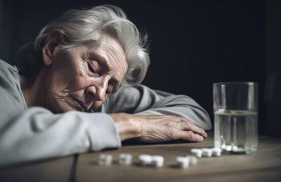 Concept of suicide with drugs: calm elderly female in gray sweatshirt lying on table with closed eyes near pile of pills and glass of water against dark background