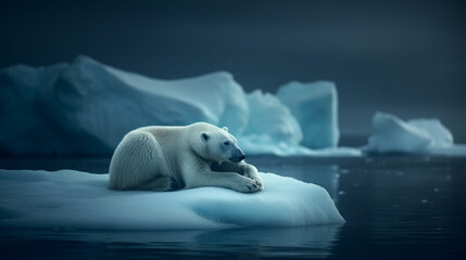 Naklejka na ściany i meble A polar bear resting on an ice block in a frozen sea Generative AI