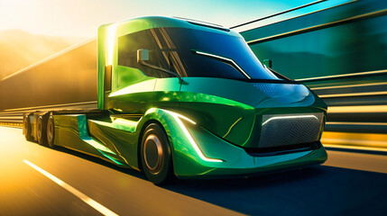 A sleek and futuristic electric cargo truck speeding down a highway, powered by green energy