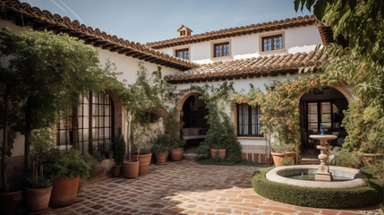 Fototapeta na wymiar A Spanish villa with a tiled roof and a courtyard Generative AI