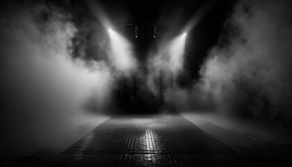 immerse yourself in an ethereal world: empty dark stage transformed with mist, fog, and black smoke, perfect for showcasing artistic works and products. generative ai