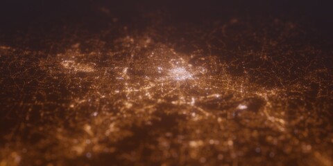 Street lights map of Nashville (Tennessee, USA) with tilt-shift effect, view from east. Imitation of macro shot with blurred background. 3d render, selective focus