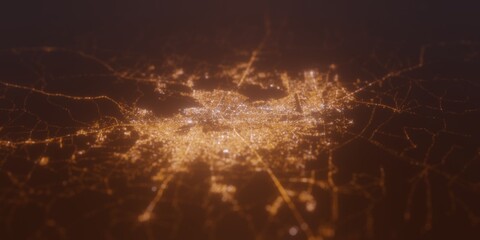 Street lights map of Jaipur (India) with tilt-shift effect, view from west. Imitation of macro shot with blurred background. 3d render, selective focus