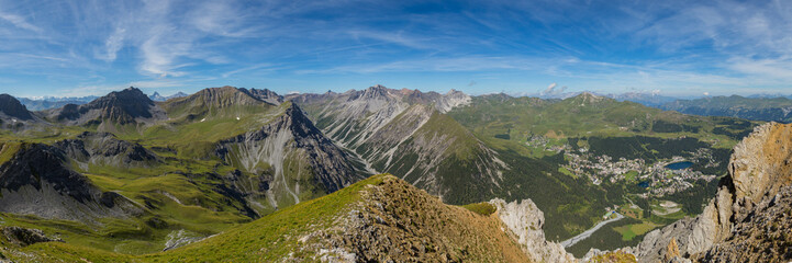 panorama of Arosa and mountain landscape from above in summer