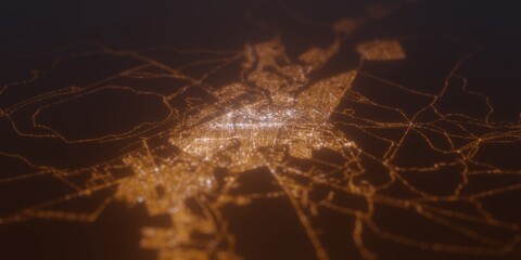 Street lights map of Atyrau (Kazakhstan) with tilt-shift effect, view from north. Imitation of macro shot with blurred background. 3d render, selective focus