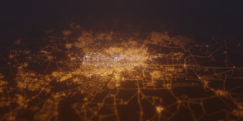 Street lights map of Aleppo (Syria) with tilt-shift effect, view from south. Imitation of macro shot with blurred background. 3d render, selective focus