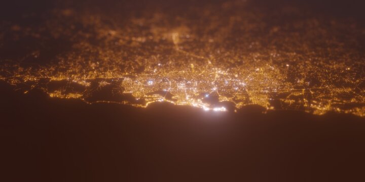 Street lights map of San Juan (Puerto Rico) with tilt-shift effect, view from north. Imitation of macro shot with blurred background. 3d render, selective focus
