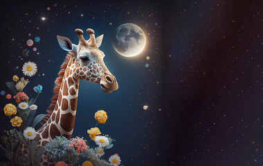 Giraffe. Flowers and moon. Cartoon. Generative AI