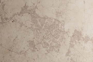 Map of Abuja (Nigeria) on an old vintage sheet of paper. Retro style grunge paper with light coming from right. 3d render