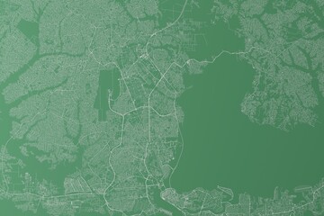 Stylized map of the streets of Lagos (Nigeria) made with white lines on green background. Top view. 3d render, illustration