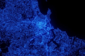 Street map of Dar Es Salaam (Tanzania) made with blue illumination and glow effect. Top view on roads network