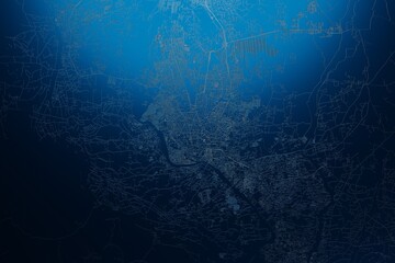 Street map of Dhaka (Bangladesh) engraved on blue metal background. View with light coming from top. 3d render, illustration