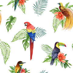 Beautiful birds with flowers, leaves decor seamless pattern. Watercolor illustration. Hand drawn tropical birds with floral decor seamless pattern. Parrot, toucan with palm leaves and flowers