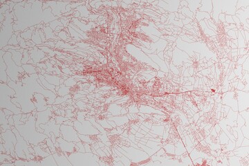 Obraz na płótnie Canvas Map of the streets of Tbilisi (Georgia) made with red lines on white paper. 3d render, illustration