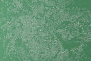 Stylized map of the streets of Bangalore (India) made with white lines on green background. Top view. 3d render, illustration