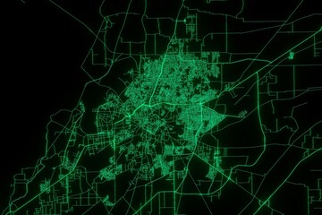 Map of the streets of Multan (Pakistan) made with green illumination and glow effect. Top view on roads network. 3d render, illustration