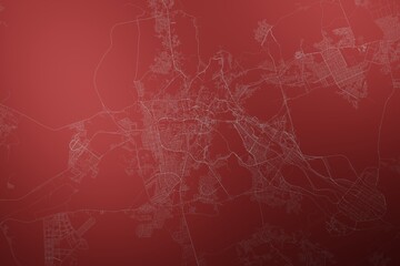 Map of the streets of Mecca (Saudi Arabia) made with white lines on abstract red background lit by two lights. Top view. 3d render, illustration