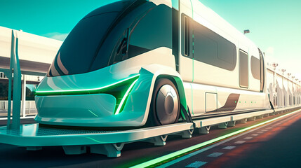 Obraz premium A futuristic electric cargo transport, being charged at a state-of-the-art charging station powered by renewable energy sources