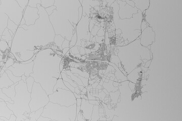 Map of the streets of Ulsan (South Korea) made with black lines on grey paper. Top view. 3d render, illustration