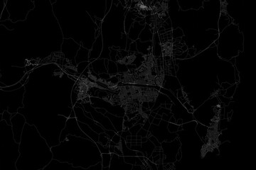 Stylized map of the streets of Ulsan (South Korea) made with white lines on black background. Top view. 3d render, illustration