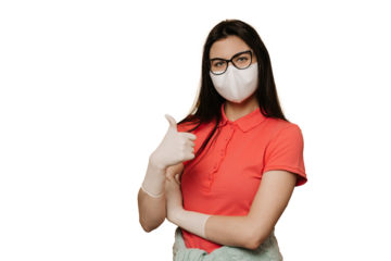 Young girl in surgical mask and glasses, wearing in a pink t-shirt, blue jeans and sweater tied around the waist, shows thumb up gesture, over transparent background, quarantine at home.